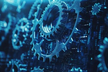 Futuristic gears in blue digital AI concept Abstract tech background business industry growth - obrazy, fototapety, plakaty