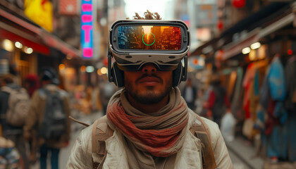 Fototapeta na wymiar A man in VR glasses on a city street.