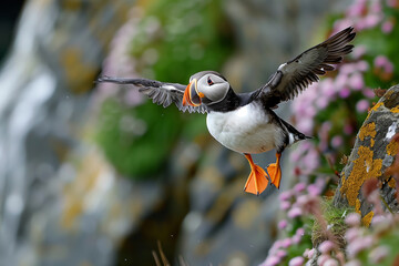 Closeup shot of an Atlantic puffin sflying with a blurred background