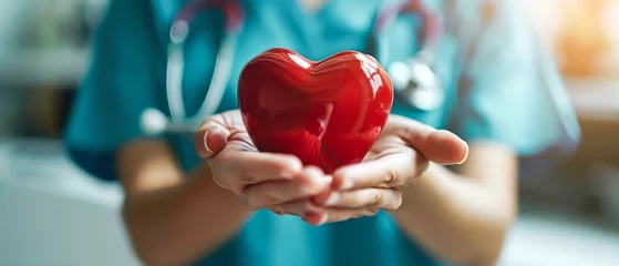 Fotobehang Red heart in hand close up with medical equipment Symbol of love healthy heart donation © Virtual Art Studio