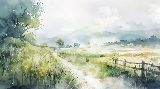 Picturesque watercolor landscape capturing the essence of a tranquil countryside
