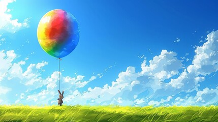 watercolor illustration of a gray rabbit with one large balloon walking along a green lawn on a sunny day. holiday concept