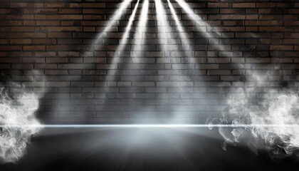 background of an empty dark black room empty brick walls lights smoke glow rays