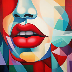 A cubist style painting focusing on facial features with striking colors