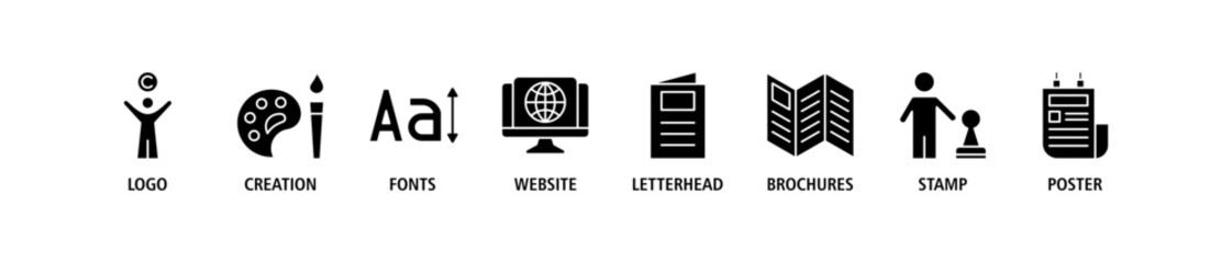 Corporate design banner web icon set vector illustration concept with icon of logo, creation, fonts, website, letterhead, brochures, stamp and poster