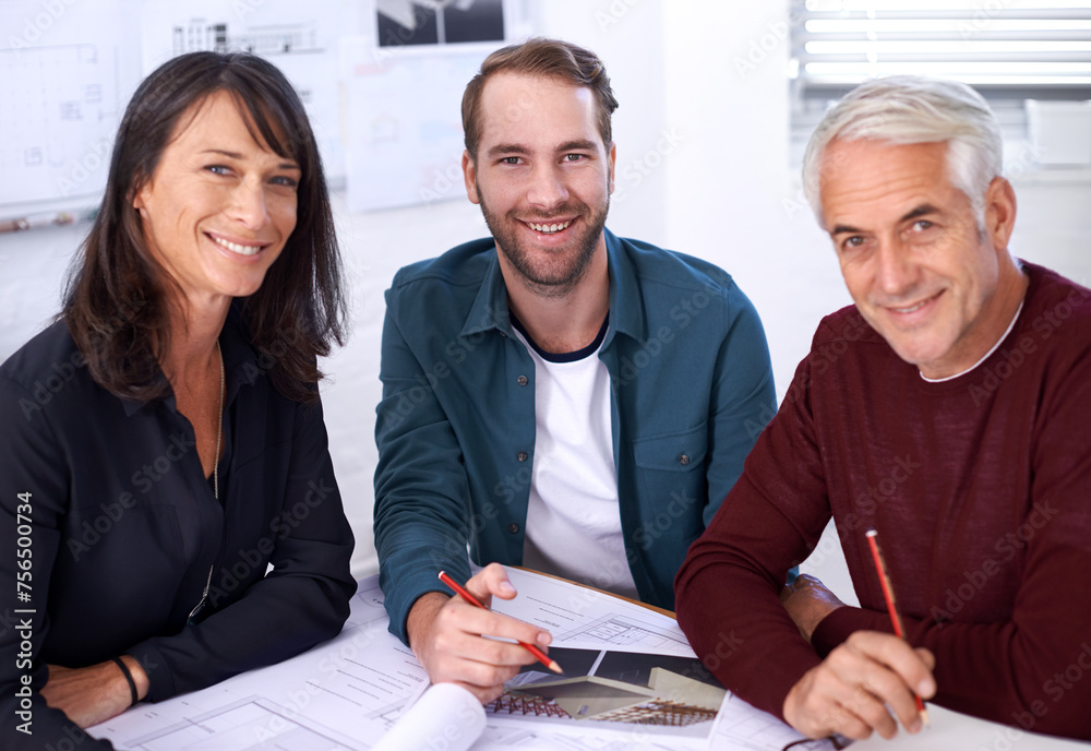 Wall mural Coworker, smile and blueprint with design at office with pencil for drawing a building renovation, teamwork and project as architects. Business, people and collaboration on task, plan and happy.