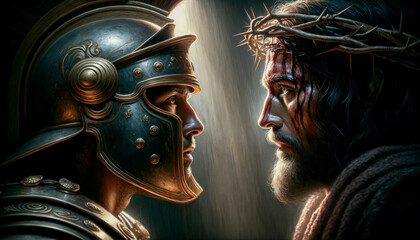 Powerful Connection: A Roman Soldier Locks Eyes with Thorn-Crowned Jesus Christ Before his Crucifixion - obrazy, fototapety, plakaty