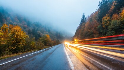 rain autumn headlights car highway fog background with a copy of the space oncoming car with fog lights in motion
