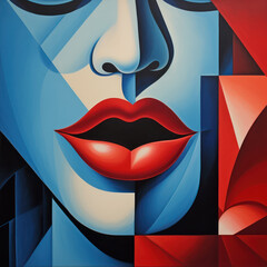 Cubist expression of red lips contrast