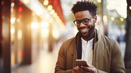 Happy smiling black man with smartphone, mobile phone in the city.