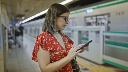 Cheerful young hispanic woman donned in glasses happily typing a message on her smartphone while...