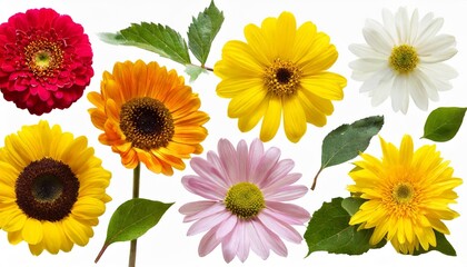 set of different beautiful flowers on white background