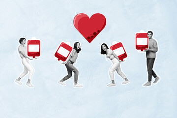 Collage illustration of blood donation young people collect help from volunteers support soldiers...
