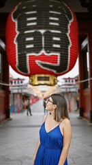 Beautiful hispanic woman donning glasses, flashing a cheerful smile at the senso-ji temple,...