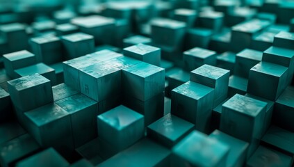 Endless array of teal colored cubes, creating the illusion that they go on forever in all directions. The background is dark and uniform, with the cubes. - obrazy, fototapety, plakaty