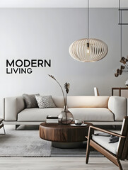 Modernes Wohnzimmer: Inspirierendes Wohnambiente mit Schriftzug 'Modern Living' an der Wand - obrazy, fototapety, plakaty