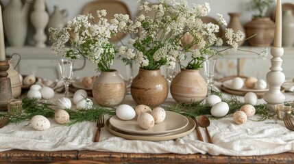 Fototapeta na wymiar Floral Easter Brunch Table Setting with Elegant Details.