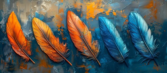 Feathers, orange and blue colors, textured background, in the style of painting