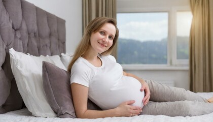 A young pregnant woman is lying on the bed wearing all wihite, smiling in the room