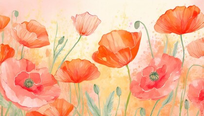 illustration of floral background with pastel red orange flowers summer poppy flowers romantic background peach fuzz color