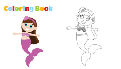 Coloring page. The mermaid smiles cheerfully. Illustration for children in cartoon style.
