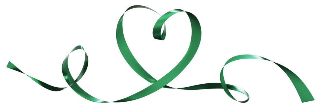 Green ribbons heart isolated on  background. Continuous ribbon line art drawing. Element for Valentine's day, mother's day wedding and print. 3D png illustration.