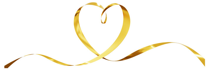 Gold ribbons heart isolated on  background. Continuous ribbon line art drawing. Element for Valentine's day, mother's day wedding and print. 3D png illustration.