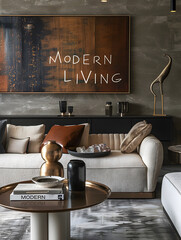 Modernes Wohnzimmer: Inspirierendes Wohnambiente mit Schriftzug 'Modern Living' an der Wand - obrazy, fototapety, plakaty