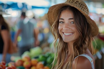 A beautiful woman smiling and talking to her boyfriend at an outdoor farmers market - obrazy, fototapety, plakaty