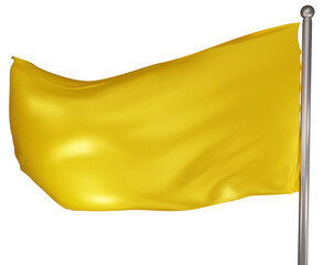 Blank yellow flag on white background. A yellow flag waving in the wind on the flagpole. Yellow flag template. 3d png illustration.