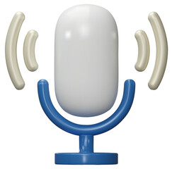 3D blue microphone on stand icon. Podcast icon. Voice icon, Record. audio equipment, Broadcasts, and interviews. 3d png illustration.