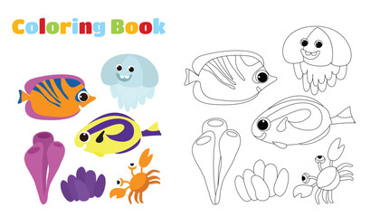 Underwater plants, tropical fish and crab. Cartoon style illustration of ocean plants and fish.