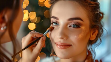 Beautiful woman being professionally made up in a real studio in high resolution and high quality. concept professional women's makeup, perfect skin, blush, lipstick