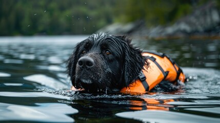 Photo of a rescue dog on the water. A large Newfoundland dog floats in a life jacket on the river