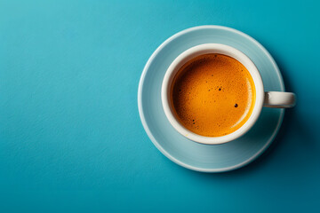 freshly brewed espresso in a classic cup, isolated on a vibrant blue background, symbolizing energy and mornings  - obrazy, fototapety, plakaty