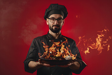 Renowned chef with a flaming skillet, isolated on a fiery red background, capturing the passion and intensity of culinary arts 