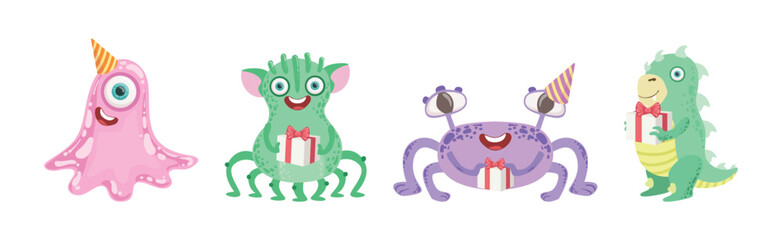 Toy Monster With Birthday Party Object Vector Set