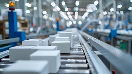 Obraz premium Close-up of white packages on a factory production line with blurred background
