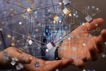 Digital cyberspace with particles and Digital data network connections concept.