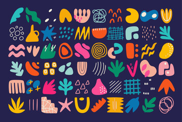 Colorful Hand-Drawn Doodle Collection: Abstract Shapes on Dark Blue Background
