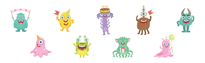 Toy Monster With Birthday Party Object Vector Set