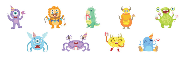 Toy Monster With Birthday Party Object Vector Set