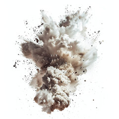 special effect explosion of gunpowder, puffs of smoke and fragments of earth on a white background - obrazy, fototapety, plakaty