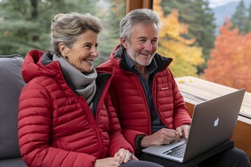 Fototapeta premium Elderly couple of men and women making internet payments on computer, managing finances. Modern older people