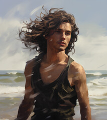 A man walking along the coastline of the sea enjoying summer vacation, 2D illustration digital painting.
