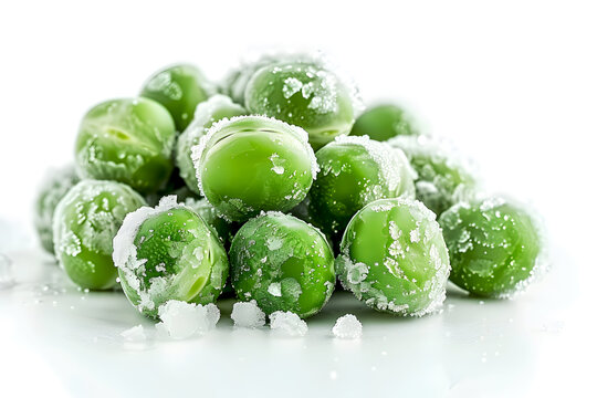 Frozen green pea beans isolated on white background. Green peas with frost, fresh from the freezer. Frosty green peas clustered on a white surface. Frozen peas with ice crystals, close-up