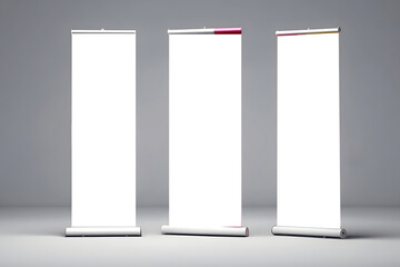 Blank vertical roll-up banner stand vector mockup. Pull-up roller portable signage mock-up. White pop-up advertising display template design