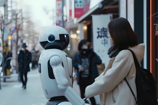 Modern AI Collaboration, human, service robot, working together, modern setting