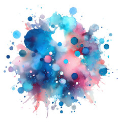 Abstract, colorful, art, watercolor painting, Beautiful blue spot appears on a white background, Light cyan and pink paints spreads on paper forming a blot.