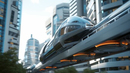 Panoramic View of Electric Monorail System, urban environment, modern, public transit, sustainable